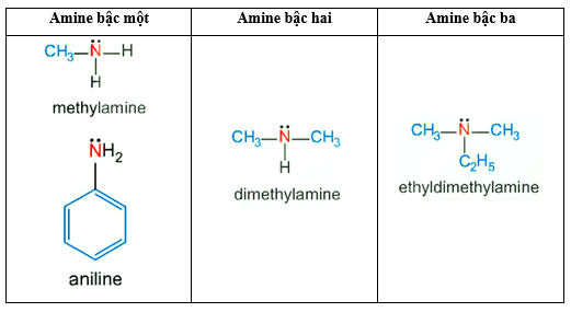 Phân loại các amine dưới đây dựa trên bậc của amine và dựa trên đặc điểm cấu tạo của gốc hydrocarbon