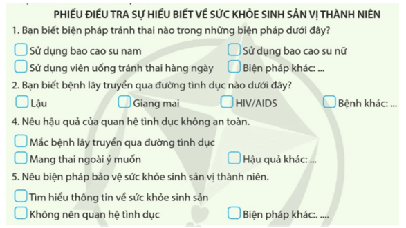 Tiến hành dự án điều tra sự hiểu biết của học sinh tại trường em về sức khỏe sinh sản vị thành niên