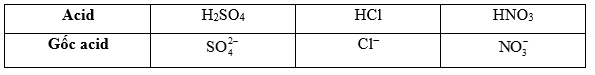 Hãy cho biết gốc acid trong các acid sau: H2SO4, HCl, HNO3