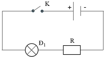 Vẽ sơ đồ mạch điện gồm một nguồn điện, công tắc mở, một bóng đèn và một điện trở