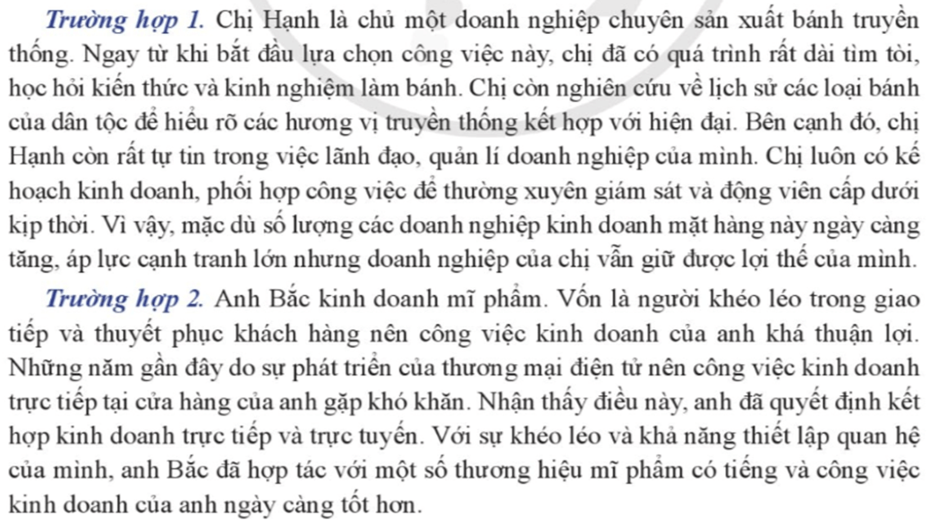 Em hãy cho biết các các chủ thể trong mỗi trường hợp trên có những năng lực kinh doanh