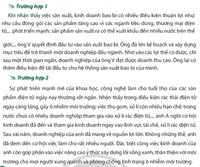 Em hãy cho biết điều kiện dẫn đến cơ hội kinh doanh của ông V và anh A trong hai trường hợp trên