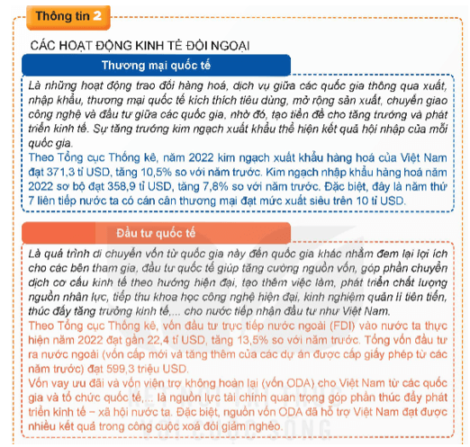 Từ thông tin 2, em hãy nêu các hoạt động kinh tế đối ngoại cơ bản trong quá trình hội nhập kinh tế quốc tế