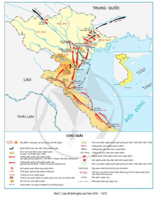Đọc thông tin và quan sát Hình 7 trình bày diễn biến chính của cuộc khởi nghĩa Lam Sơn