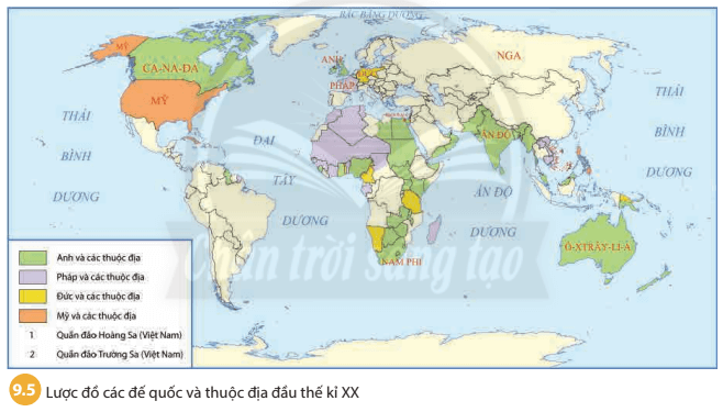 Từ lược đồ 9.5 em hãy xác định vị trí thuộc địa của các nước đế quốc Anh Pháp Đức Mỹ