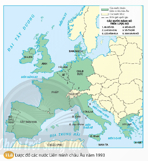 Hãy xác định trên lược đồ 11.8 tên các nước tham gia Cộng đồng kinh tế châu Âu năm 1957 và Liên minh châu Âu năm 1991