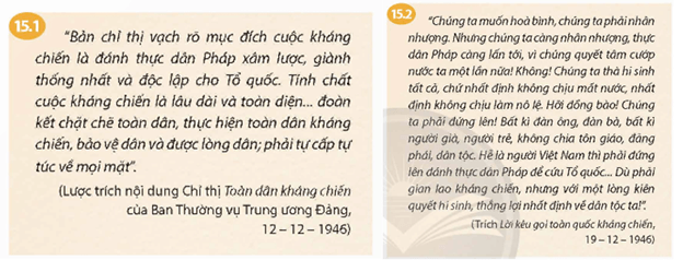 Dựa vào tư liệu 15.1, 15.2 và 15.3, hãy nêu nội dung đường lối kháng chiến cho thực dân Pháp của Đảng.