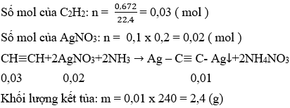 CH≡CH + 2AgNO<sub>3</sub> + 2NH<sub>3</sub> → Ag–C≡C-Ag↓ + 2NH<sub>4</sub>NO<sub>3</sub> | Cân bằng phương trình hóa học