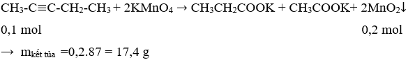 CH<sub>3</sub>-C≡C-CH<sub>2</sub>-CH<sub>3</sub> + 2KMnO<sub>4</sub> → CH<sub>3</sub>CH<sub>2</sub>COOK + CH<sub>3</sub>COOK+ 2MnO<sub>2</sub>↓ | Cân bằng phương trình hóa học