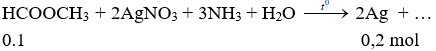 HCOOCH<sub>3</sub> + 2AgNO<sub>3</sub> + 3NH<sub>3</sub> + H<sub>2</sub>O → 2Ag + 2NH<sub>4</sub>NO<sub>3</sub> + NH<sub>4</sub>OCOOCH<sub>3</sub> | Cân bằng phương trình hóa học