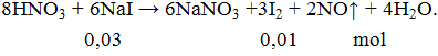 8HNO3 + 6NaI → 6NaNO3 +3I2 + 2NO↑ + 4H2O | Cân bằng phương trình hóa học