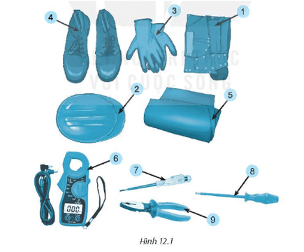 Kể tên và nêu công dụng của các trang bị bảo hộ và dụng cụ an toàn điện có trong Hình 12.1