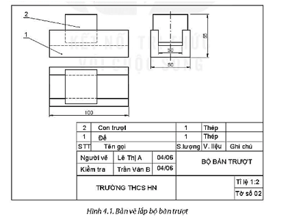 Kẻ Bảng 4.1 vào vở rồi trình bày nội dung đọc bản vẽ lắp của bộ bàn trượt (Hình 4.1)