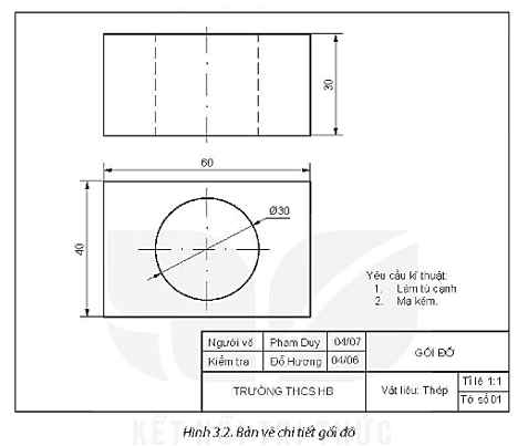 Kẻ Bảng 3.1 vào vở rồi mô tả hình dạng, kích thước của gối đỡ và đọc bản vẽ trên Hình 3.2 