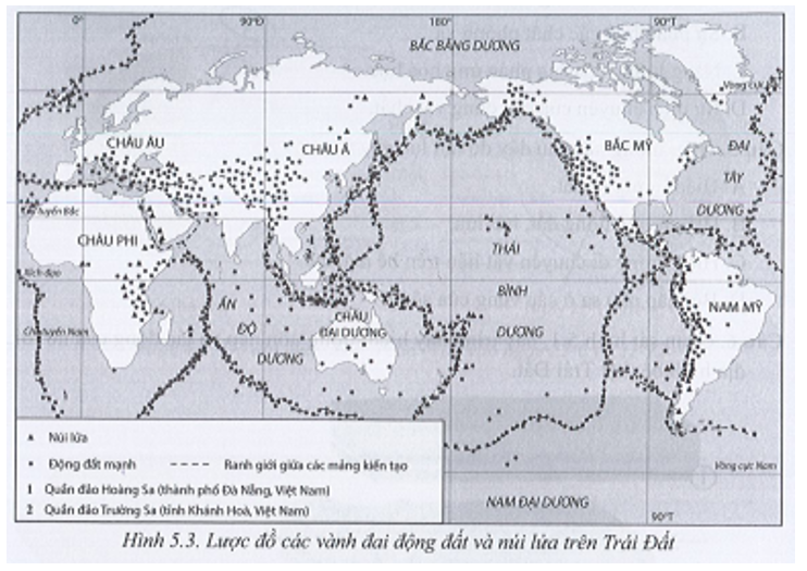 Quan sát hình 5.3, hãy nhận xét và giải thích về sự phân bố của các vành đai động đất