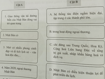 Ghép ý ở cột A với ý ở cột B để thành một câu đúng