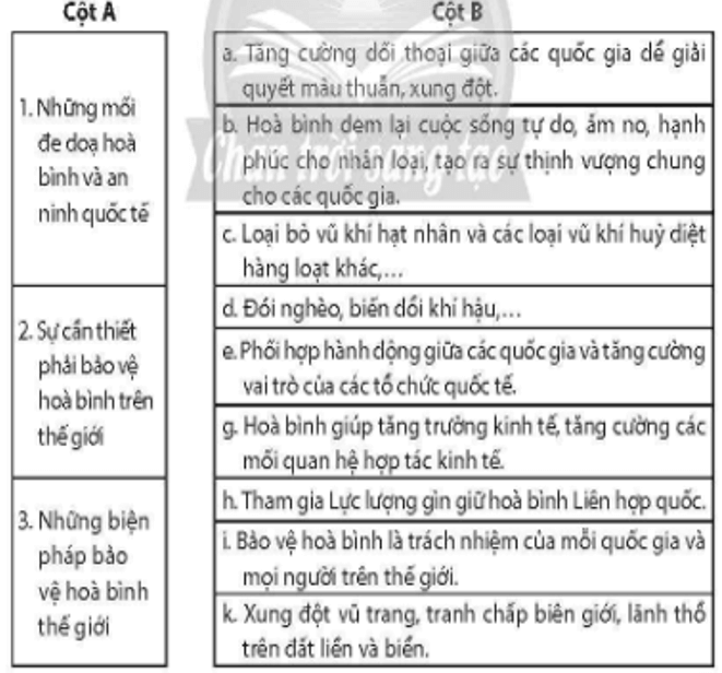 Nối các ý ở cột A với các ý ở cột B cho phù hợp về vấn đề bảo vệ hòa bình trên thế giới. (ảnh 1)