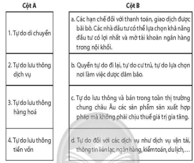 Nối các ý ở cột A với các ý ở cột B cho phù hợp về đặc điểm tự do lưu thông trong thị trường chung châu Âu (ảnh 1)