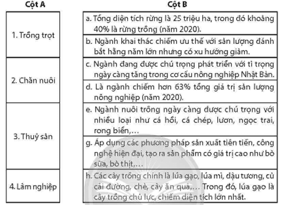 Nối các ý ở cột A với các ý ở cột B cho phù hợp về đặc điểm phát triển của ngành nông nghiệp Nhật Bản