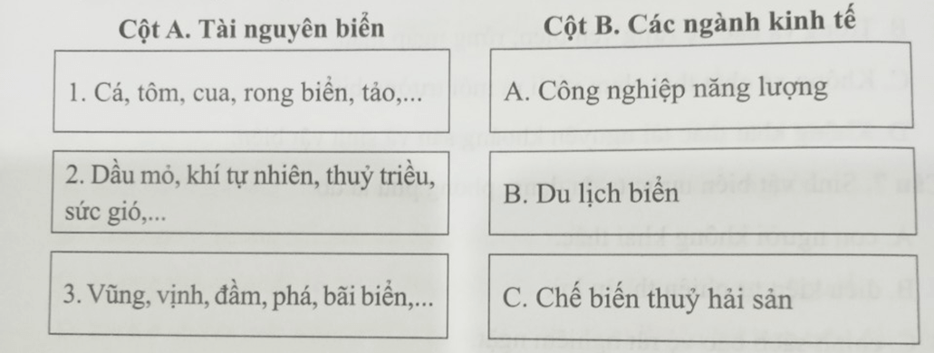 Ghép các tài nguyên biển ở cột A với một số ngành kinh tế