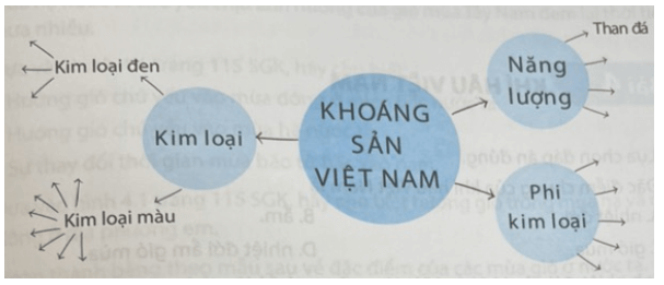 Hoàn thành sơ đồ theo mẫu sau để thấy sự đa dạng của khoáng sản Việt Nam