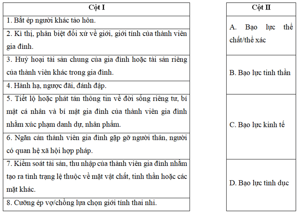 Hãy nối các hành vi ở cột I vào các hình thức bạo lực gia đình phổ biến