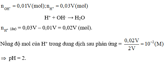 Trộn lẫn V mL dung dịch NaOH 0,01 M với V mL dung dịch HCl 0,03 M