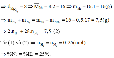 Cho hỗn hợp khí (X) gồm N2, H2, NH3, có tỉ khối so với khí hydrogen là 8