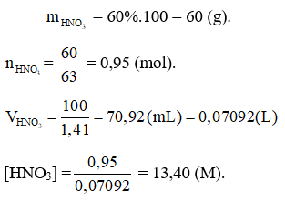 Tính nồng độ mol/L của dung dịch HNO3 60% biết khối lượng riêng