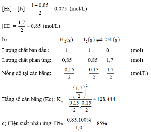 Trong một bình kín xảy ra cân bằng hoá học sau: H2(g) + I2(g) ⇌ 2HI(g)