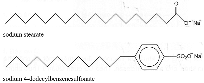 Viết công thức khung phân tử của sodium stearate và sodium 4-dodecylbenzenesulfonate