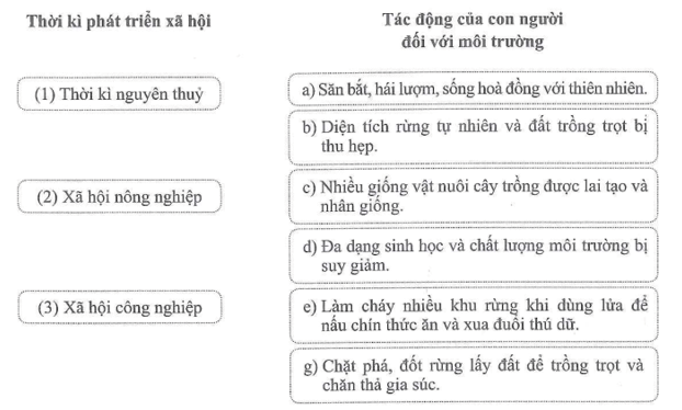 Nối mỗi thời kì phát triển xã hội với các tác động của con người đối với môi trường