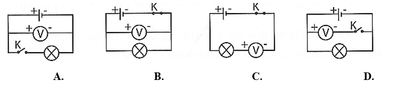 Vôn kế trong sơ đồ nào dưới đây đo hiệu điện thế giữa hai cực của nguồn điện khi mạch để hở