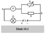 Cho mạch điện như hình 10.1, với UAB = 10 V, R = 5 Q, Trên đèn Đ có ghi 5 V - 10 W