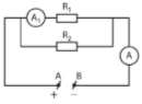 Cho mạch điện như sơ đồ hình 9.2, trong đó R1 = 30 Ohm, R2 = 20 Ohm, ampe kế A chỉ 0,5 A