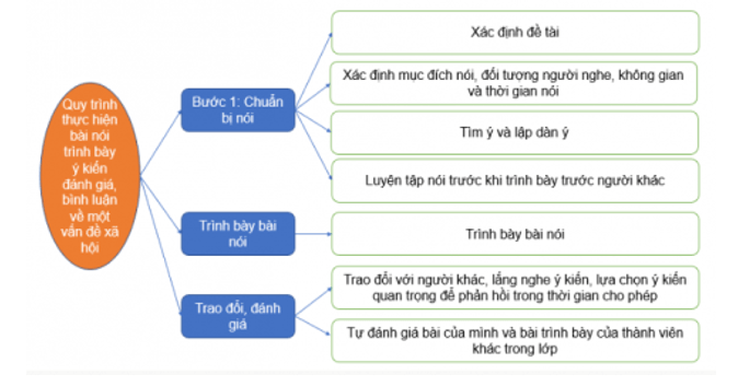 Vẽ sơ đồ tóm tắt quy trình thực hiện bài nói trình bày ý kiến đánh giá, bình luận về một vấn đề xã hội