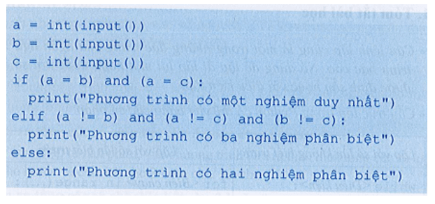 Chương trình sau đây cho nhập vào ba số nguyên a, b, c sau đó đưa ra số nghiệm phân biệt của phương trình