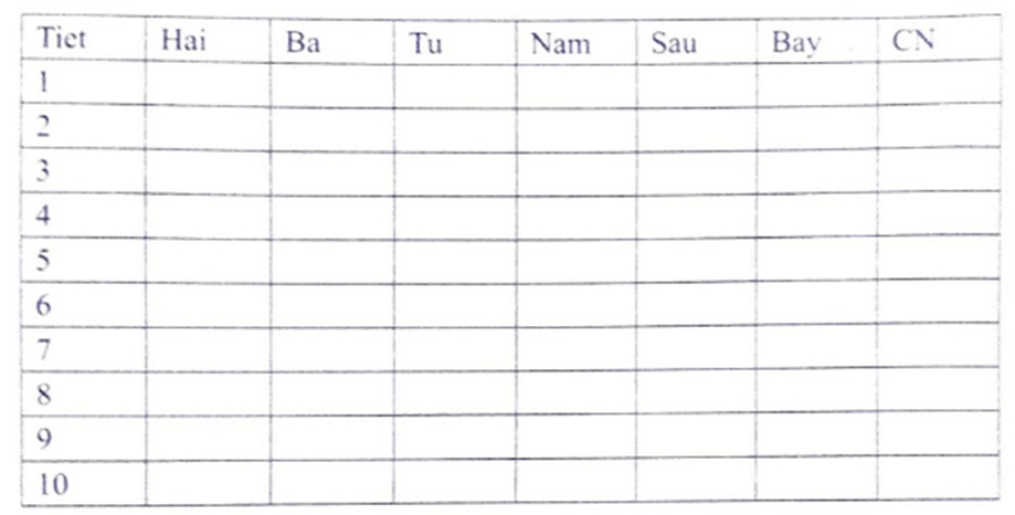 Bạn Nam đang lập thời khoá biểu học tập cho chính mình Nam sử dụng phần mềm Excel