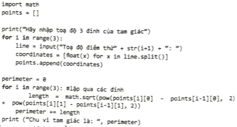 Viết chương trình yêu cầu người dùng nhập vào toạ độ ba đỉnh của một tam giác