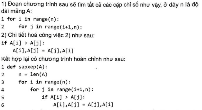 Việc giải bài toán sắp xếp danh sách A được phác thảo các bước thực hiện như sau