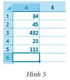 Các ô tính A1, A2, A3, A4, A5 chứa các số nguyên như Hình 5. Em hãy viết hàm, công thức cần gõ vào ô tính A6