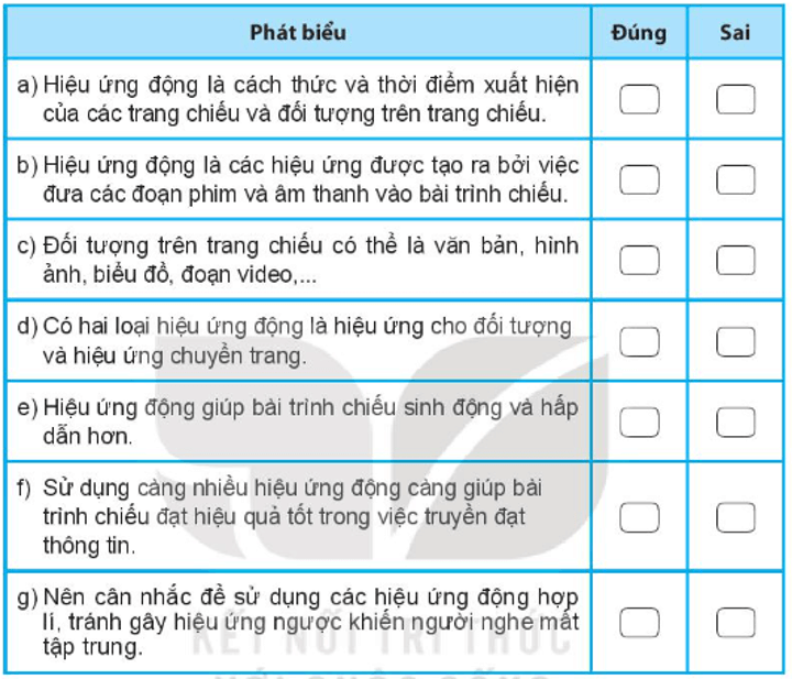 Đánh dấu X vào cột Đúng Sai tương ứng trang 47 sách bài tập Tin học 7