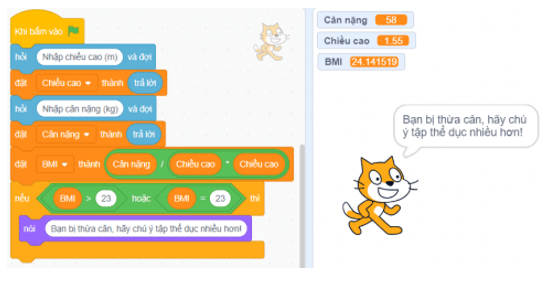 Hãy tạo chương trình Scracth thực hiện thuật toán tính chỉ số BMI