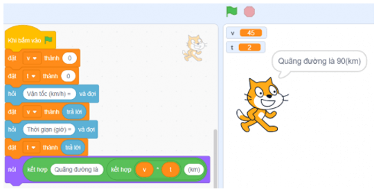 Thực hành: Em hãy tạo chương trình Scratch tính quãng đường đi của một phương tiện