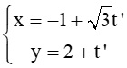 Cho ∆1  x = -2+(căn3)t; y = 1-t và ∆2 x = -1+(căn3)t'; y = 2+t'