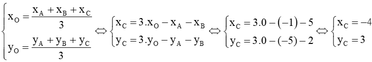 Trong mặt phẳng tọa độ Oxy, cho tam giác ABC có A(-1; - 5), B(5; 2) và trọng tâm là gốc tọa độ