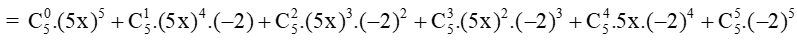 Trong khai triển của (5x – 2)^5, số mũ của x được sắp xếp theo luỹ thừa tăng dần
