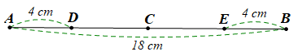 Cho đoạn thẳng AB có độ dài 18 cm và trung điểm C của đoạn thẳng đó (ảnh 1)