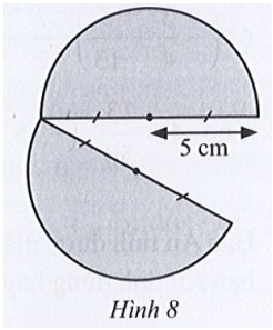 Người ta cắt một tấm tôn có dạng hình tròn bán kính 5 cm thành hai phần bằng nhau