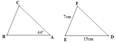 Cho tam giác ABC = tam giác DEF và góc A = 44 độ, EF = 7 cm, ED = 15 cm